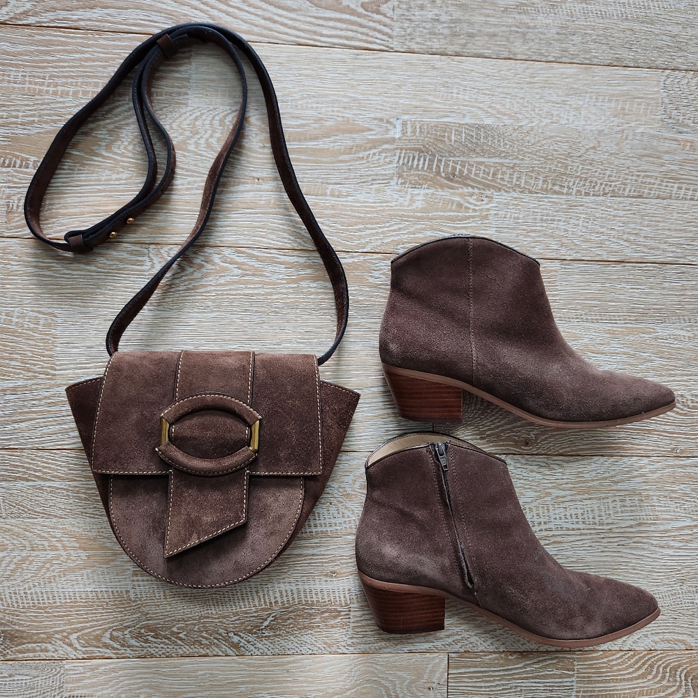 Brown Suede Ankle Boots and Crossbody Bag Set